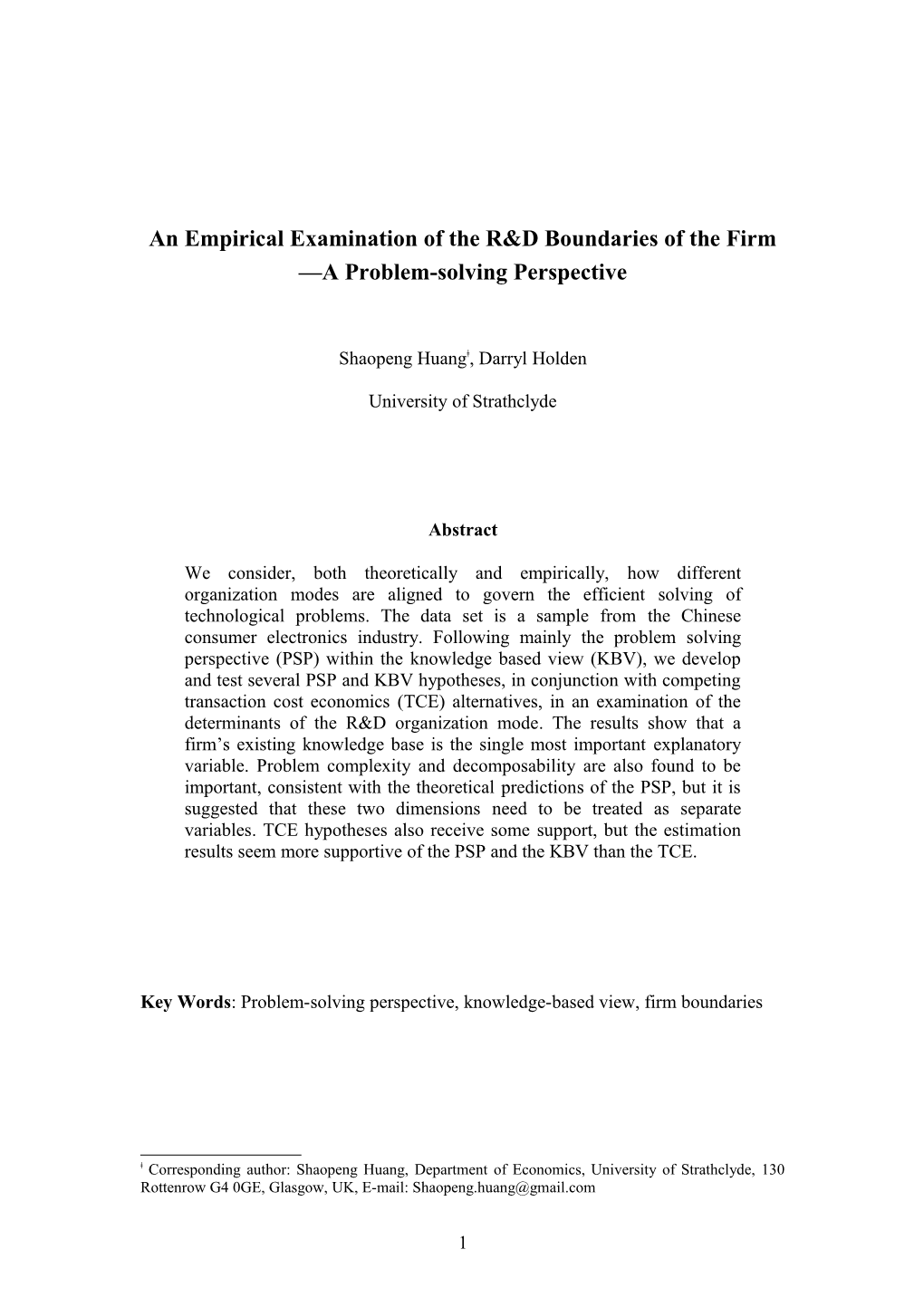 An Empirical Examination of the R&D Boundaries of the Firm a Problem-Solving Perspective
