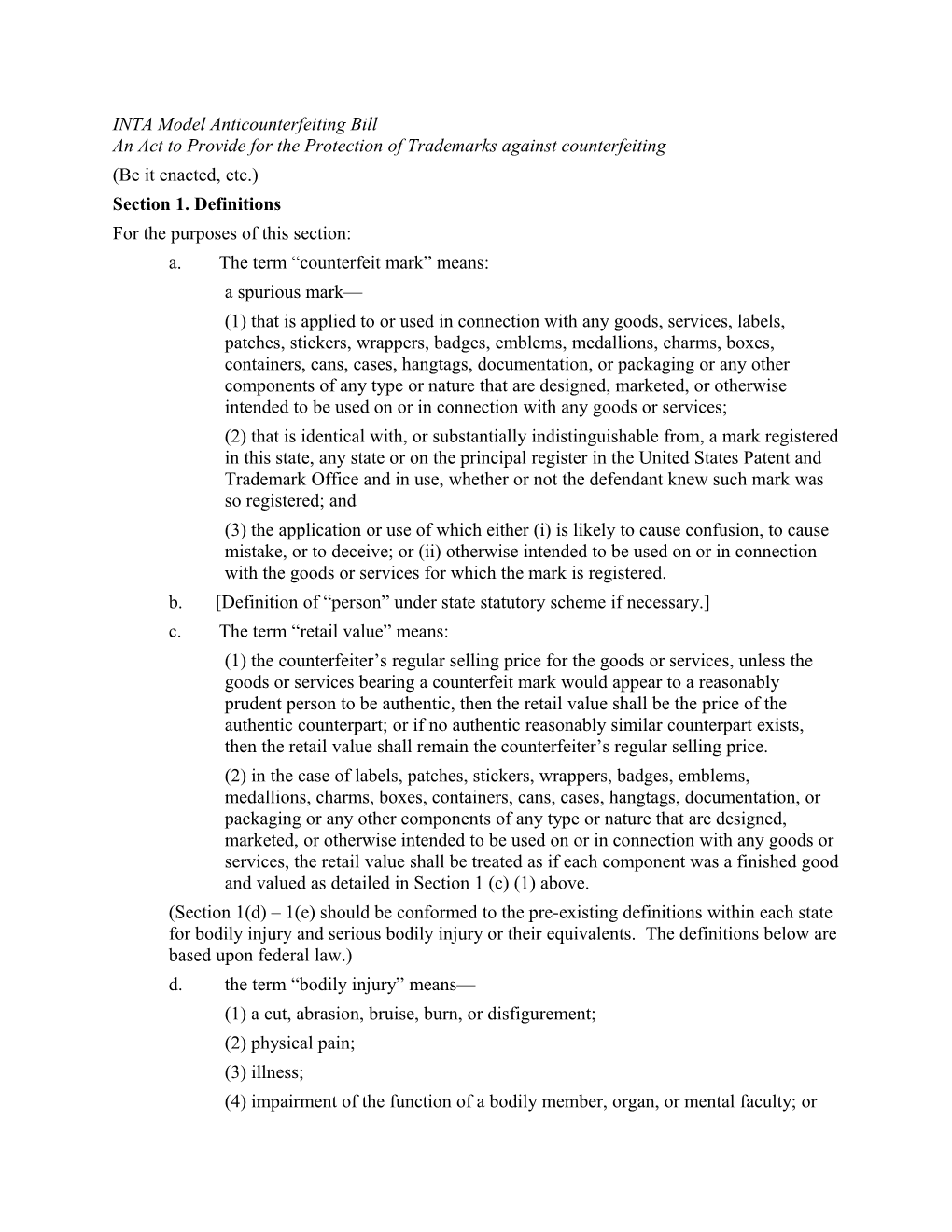 INTA Model Anticounterfeiting Bill