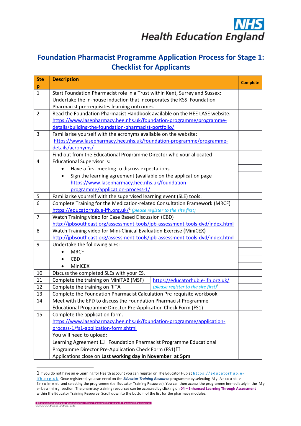 Foundation Pharmacist Programmeapplication Process for Stage 1: Checklist for Applicants