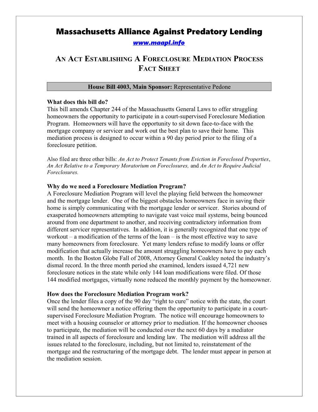 An Act Establishing a Foreclosure Mediation Process