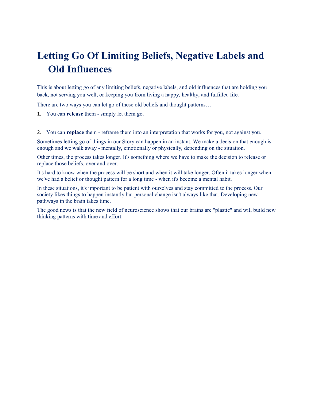 Letting Go of Limiting Beliefs, Negative Labels and Old Influences