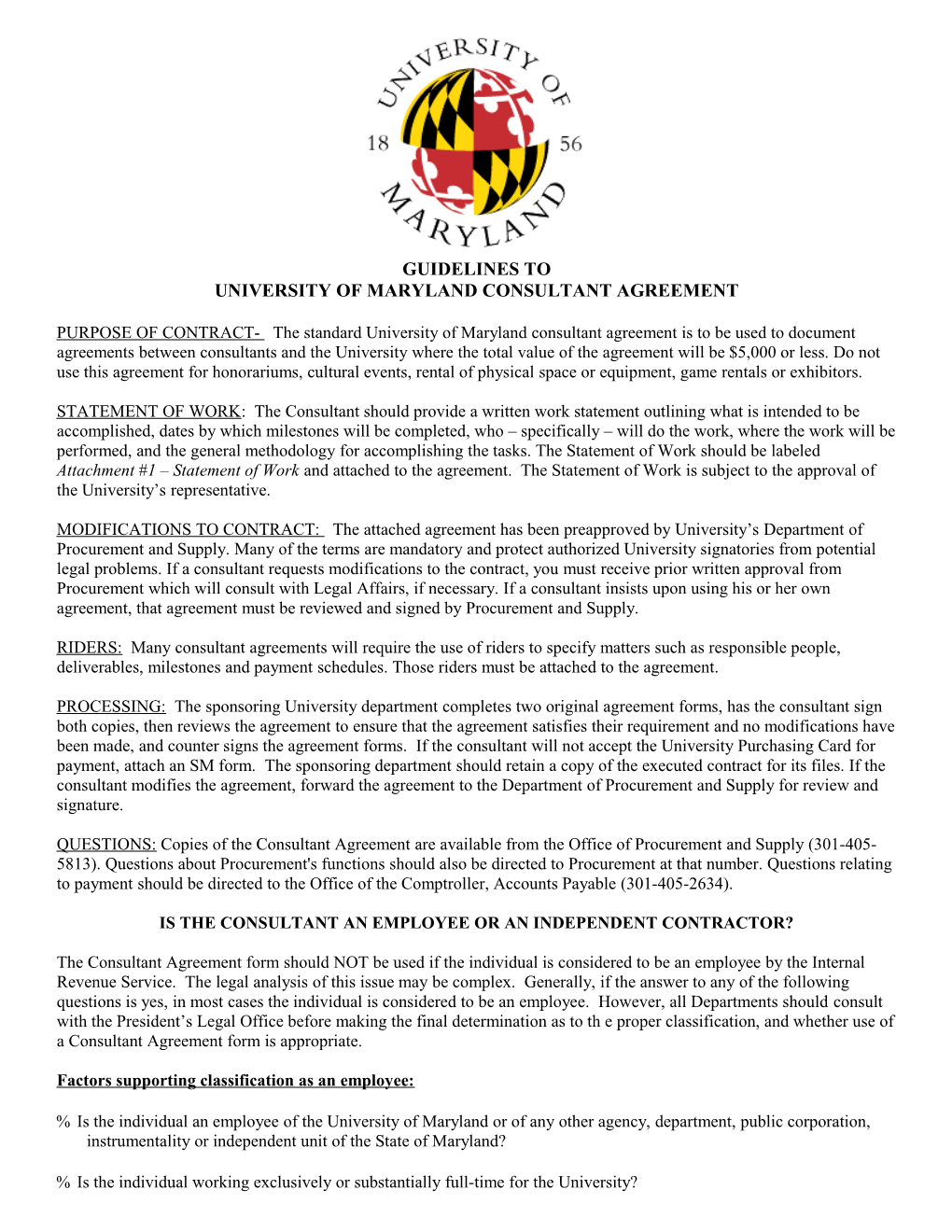 University of Maryland Consultant Agreement