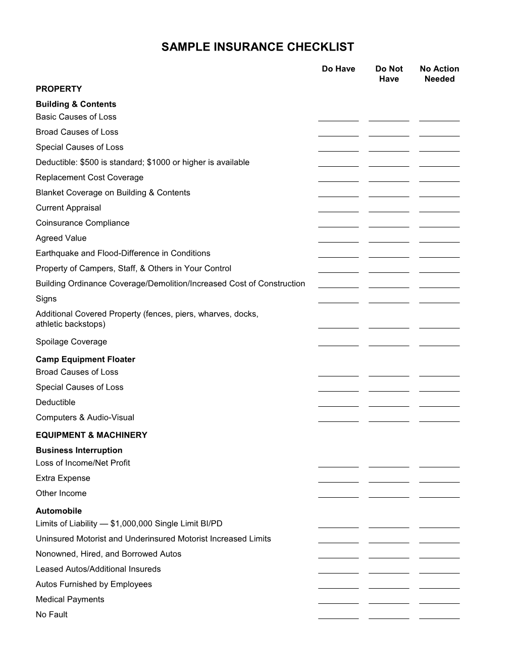 Sample Insurance Checklist