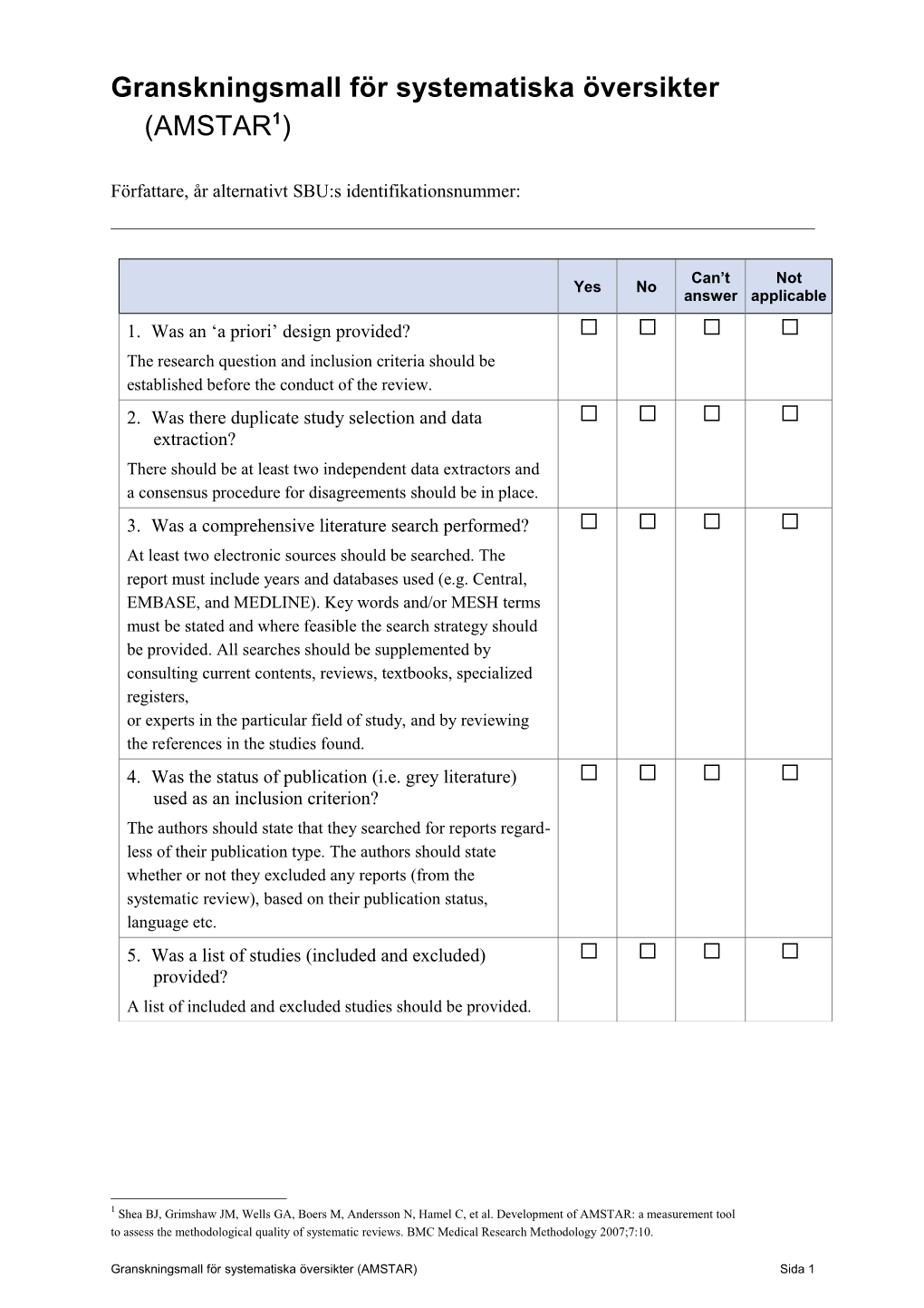 Granskningsmall För Systematiska Översikter (AMSTAR)