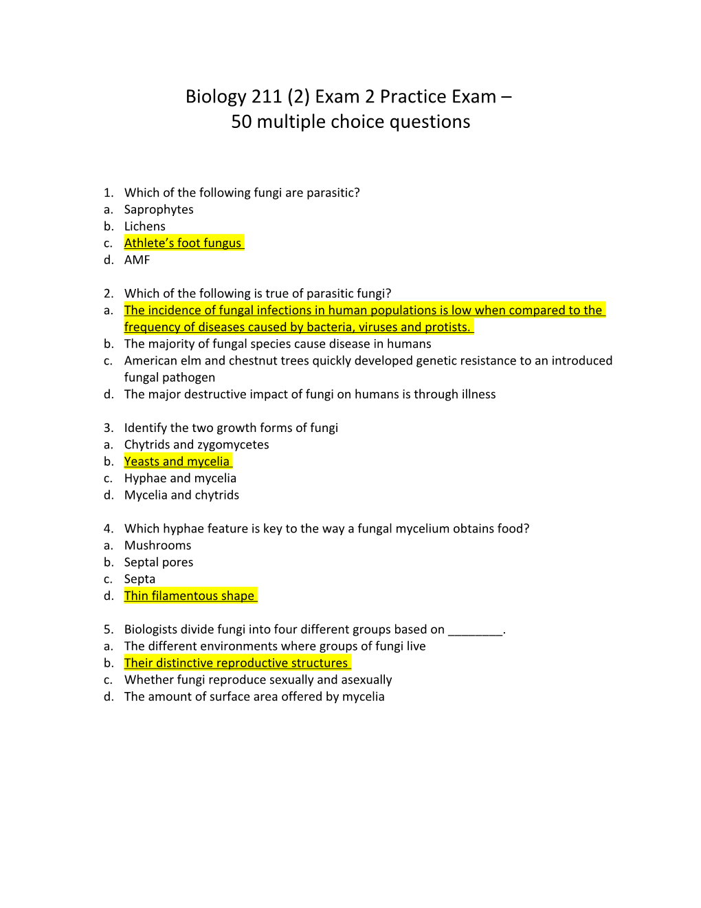 Biology 211 (2) Exam 2 Practice Exam