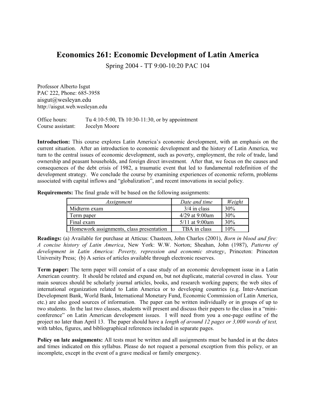 Economics 261: Economic Development of Latin America