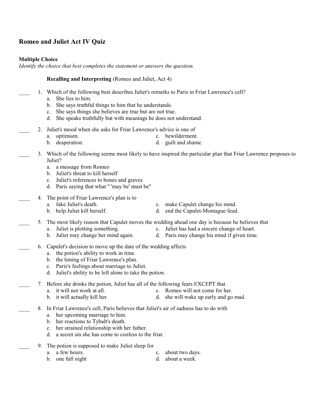 Romeo and Juliet Act IV Quiz