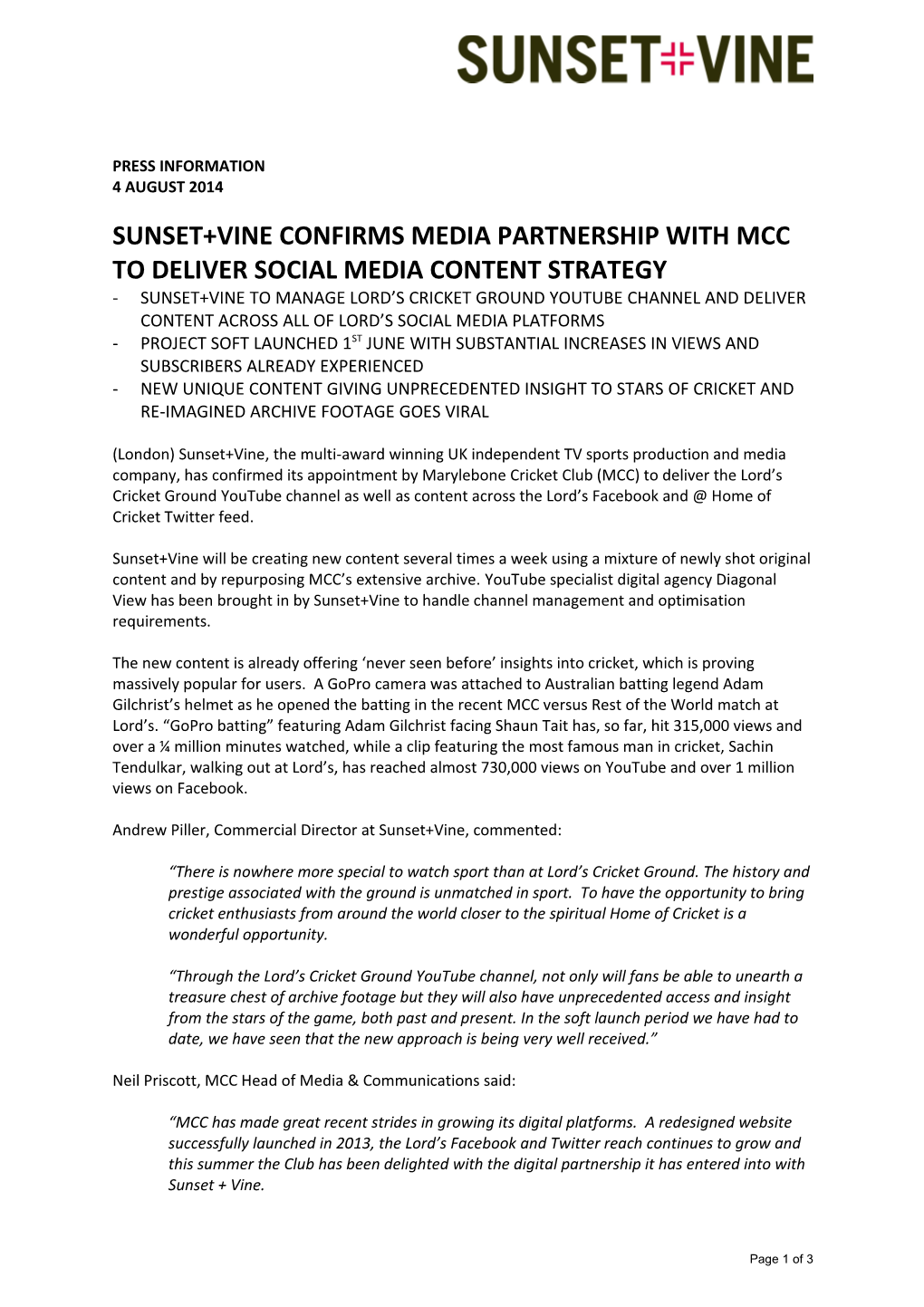 Sunset+Vine Confirms Media Partnership with Mcc to Deliver Social Media Content Strategy