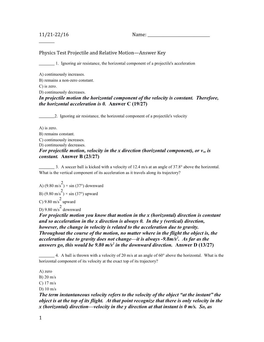 11/21-22/16Name: Physics Test Projectile and Relative Motion Answer Key