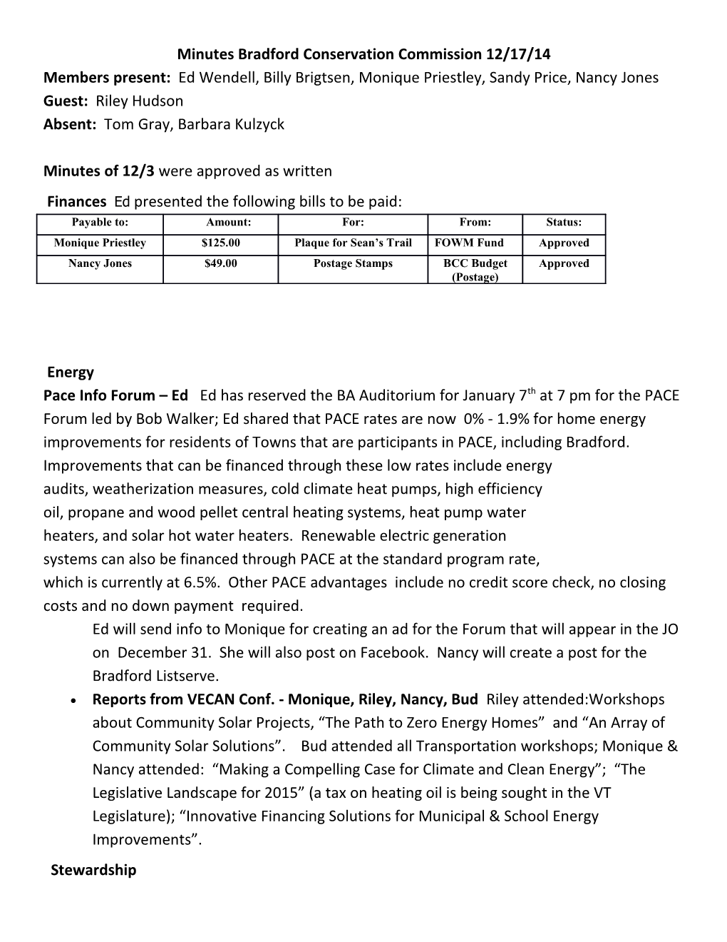 Minutes Bradford Conservation Commission 12/17/14