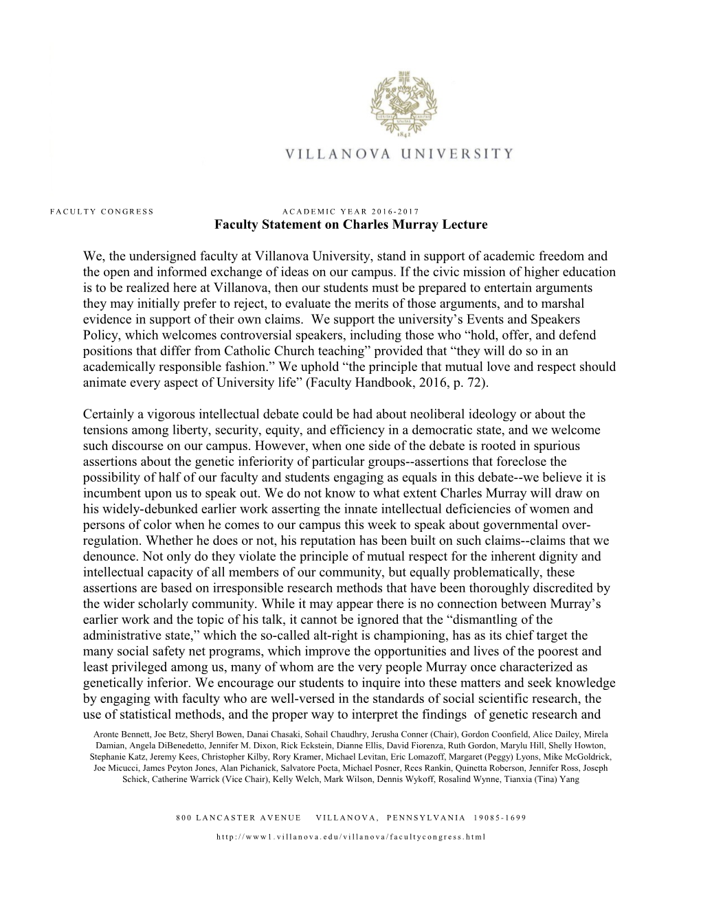 Faculty Statement on Charles Murray Lecture