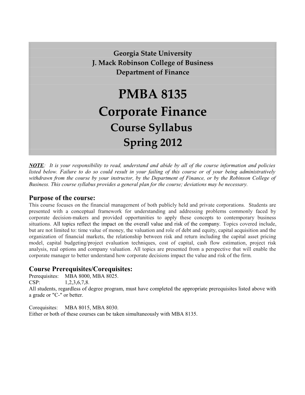 Georgiastateuniversitymba 8135: Corporate Finance