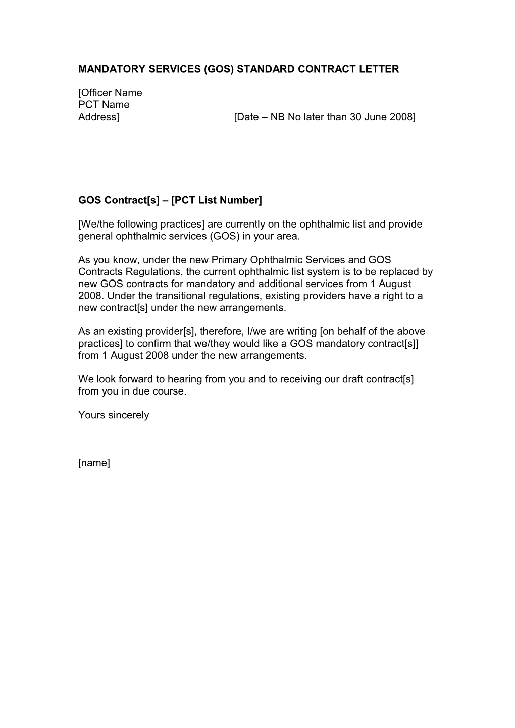 Mandatory Services (Gos) Standard Contract Letter