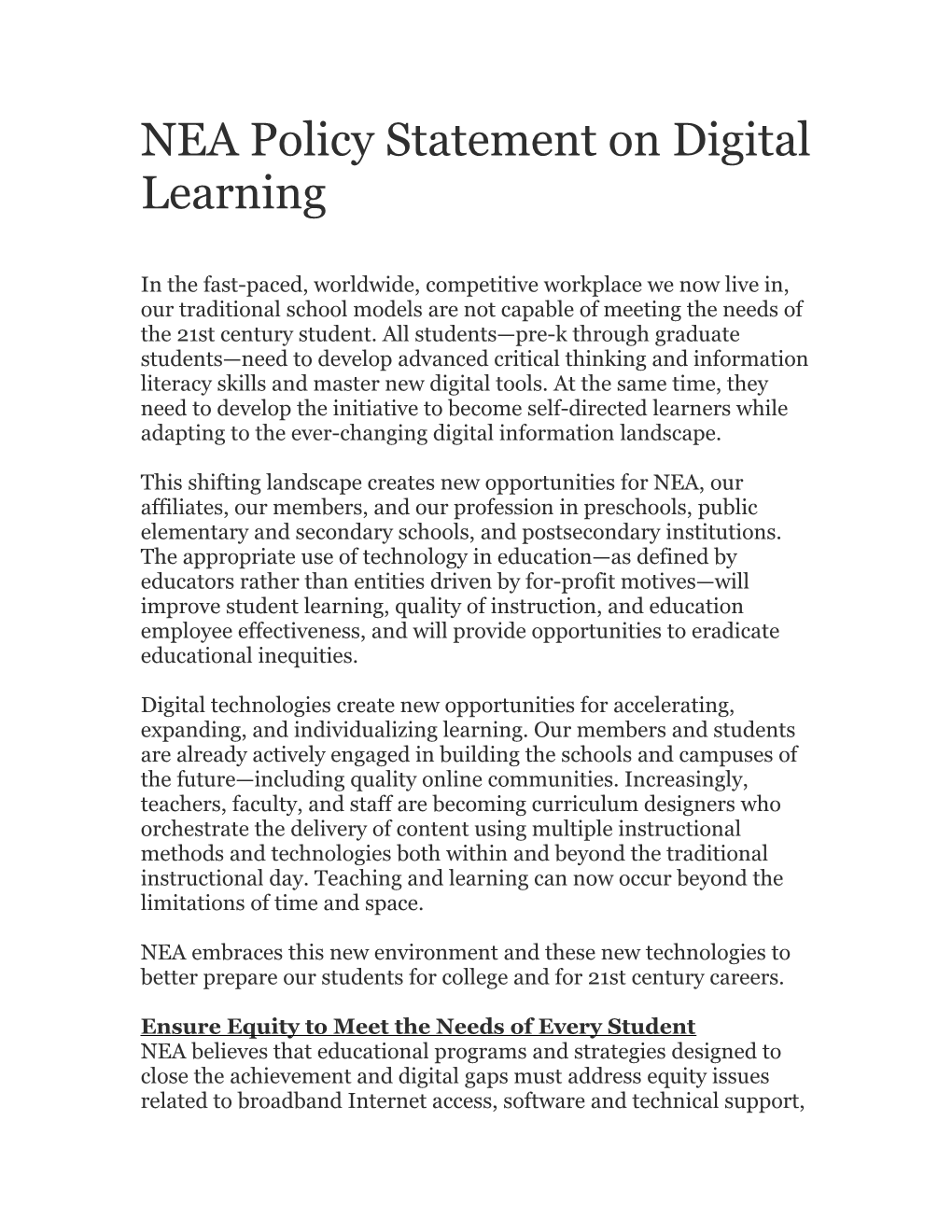 NEA Policy Statement on Digital Learning