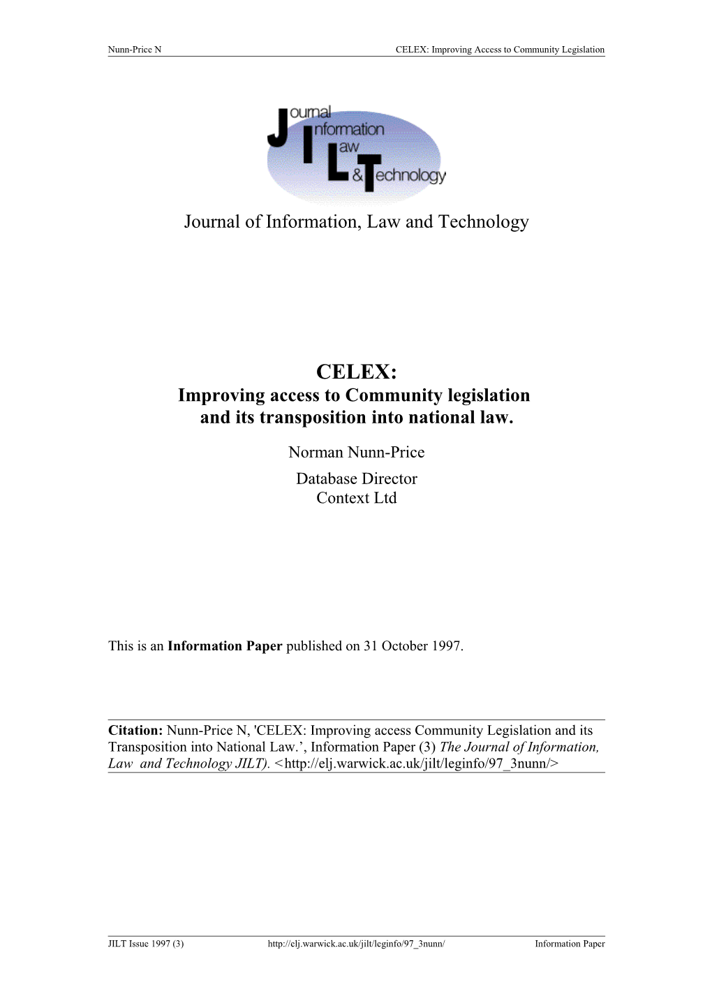CELEX - Improving Access to Community Legislation and Its Transposition Into National Law