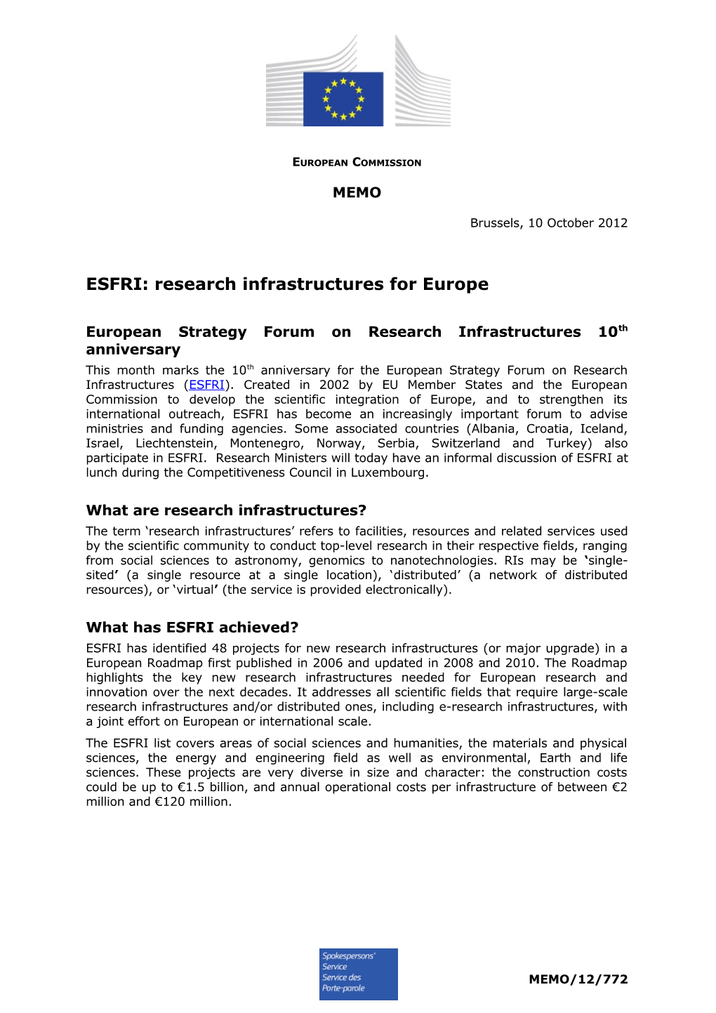 ESFRI: Research Infrastructures for Europe