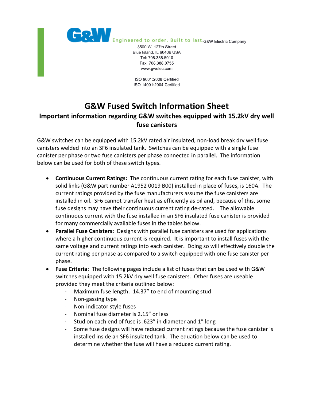 G&W Fused Switch Information Sheet