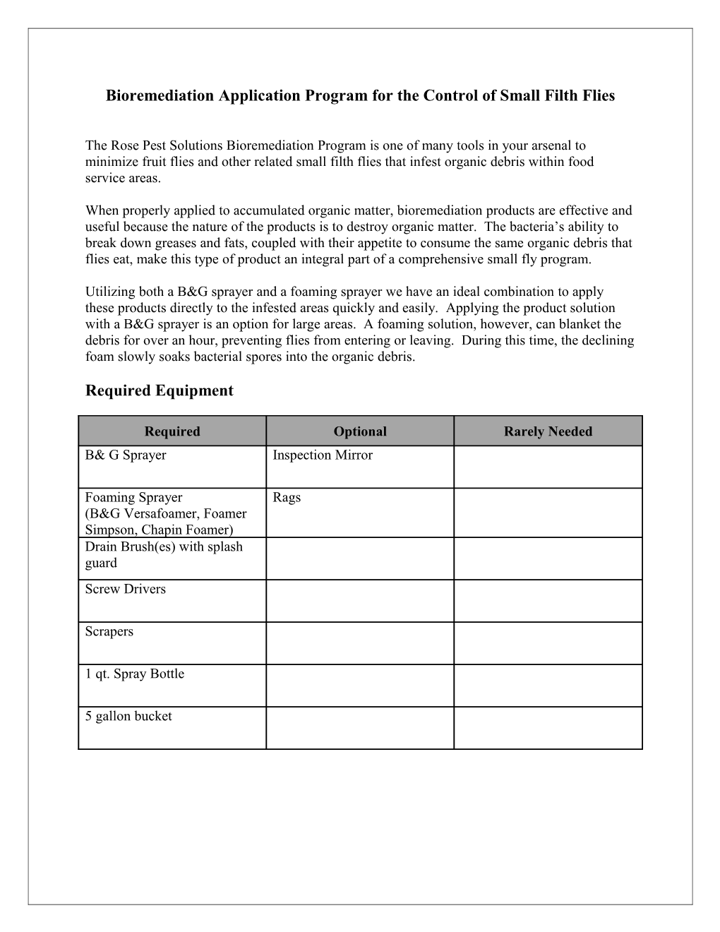 Bioremediation Application Program for the Control of Small Filth Flies