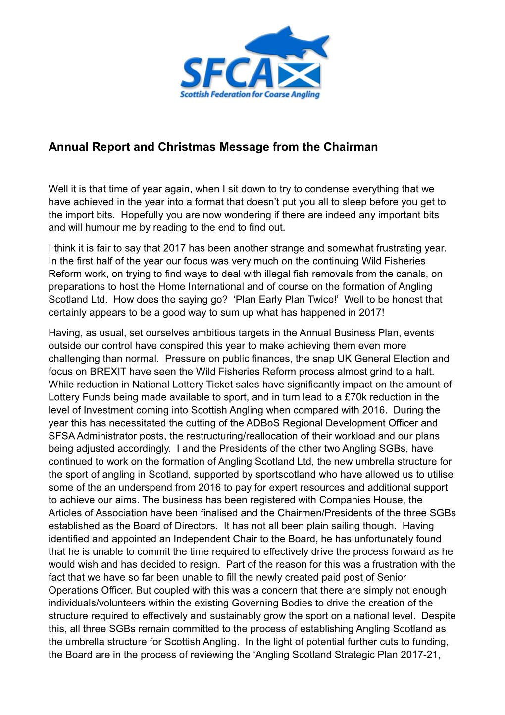 Annual Report and Christmas Message from the Chairman