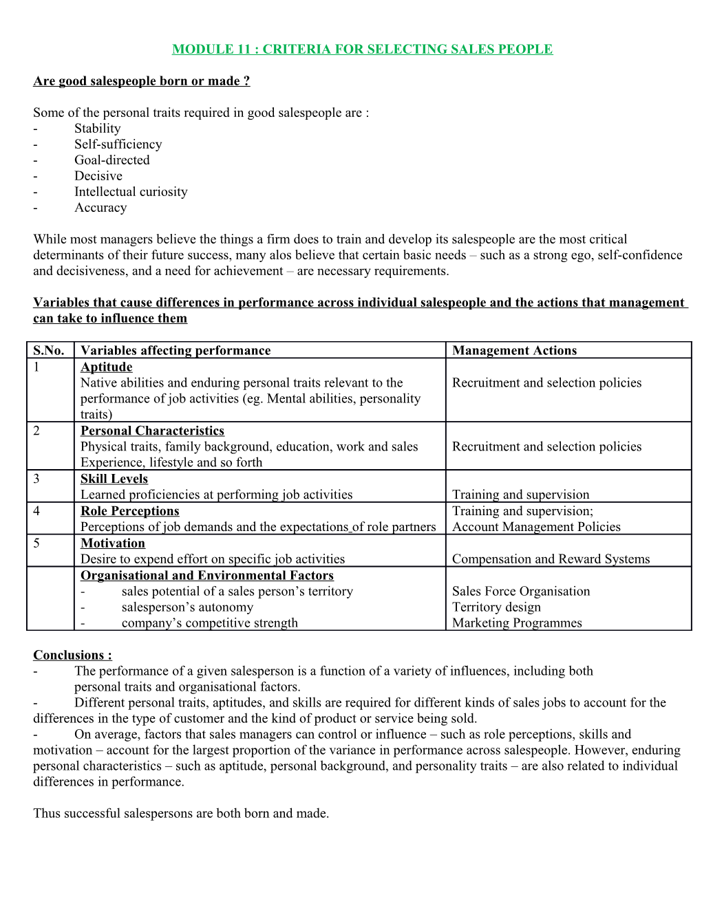 Module 11 : Criteria for Selecting Sales People