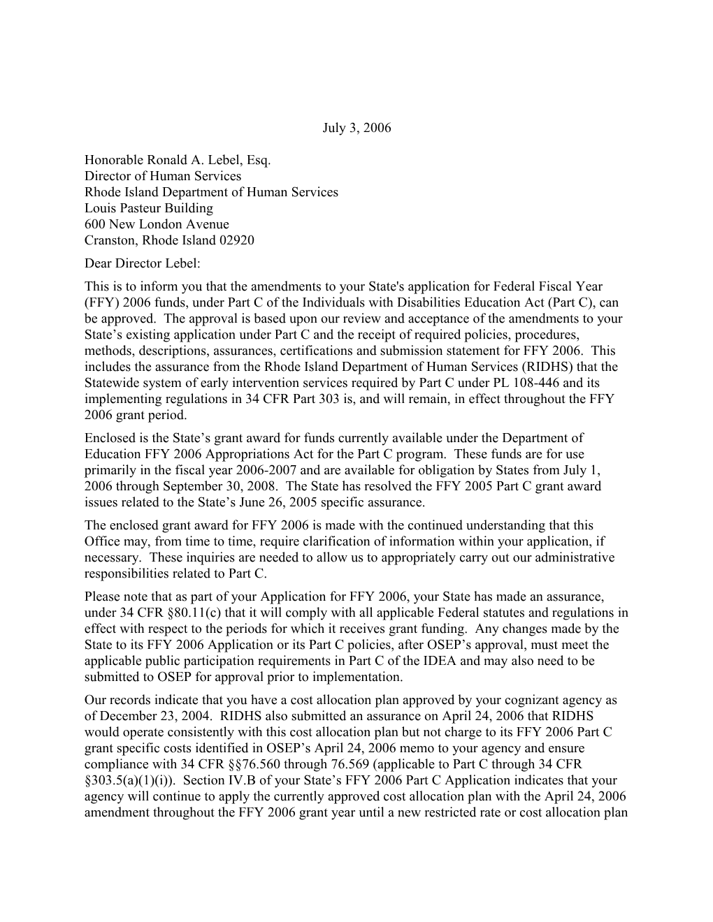 Rhode Island IDEA 2006 Part C Grant Award Letter (Msword)