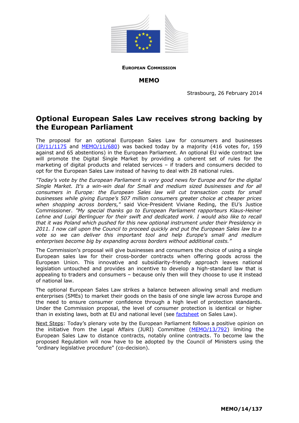 Optional European Sales Law Receives Strong Backing by the European Parliament