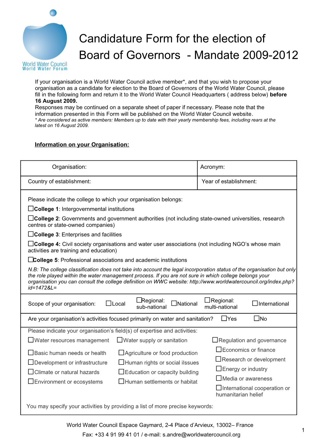 Candidature Form for the Board of Governors