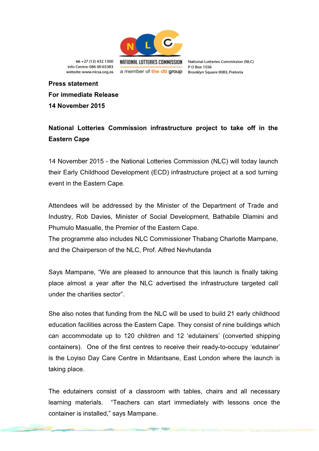 National Lotteries Commission Infrastructure Project to Take Off in the Eastern Cape