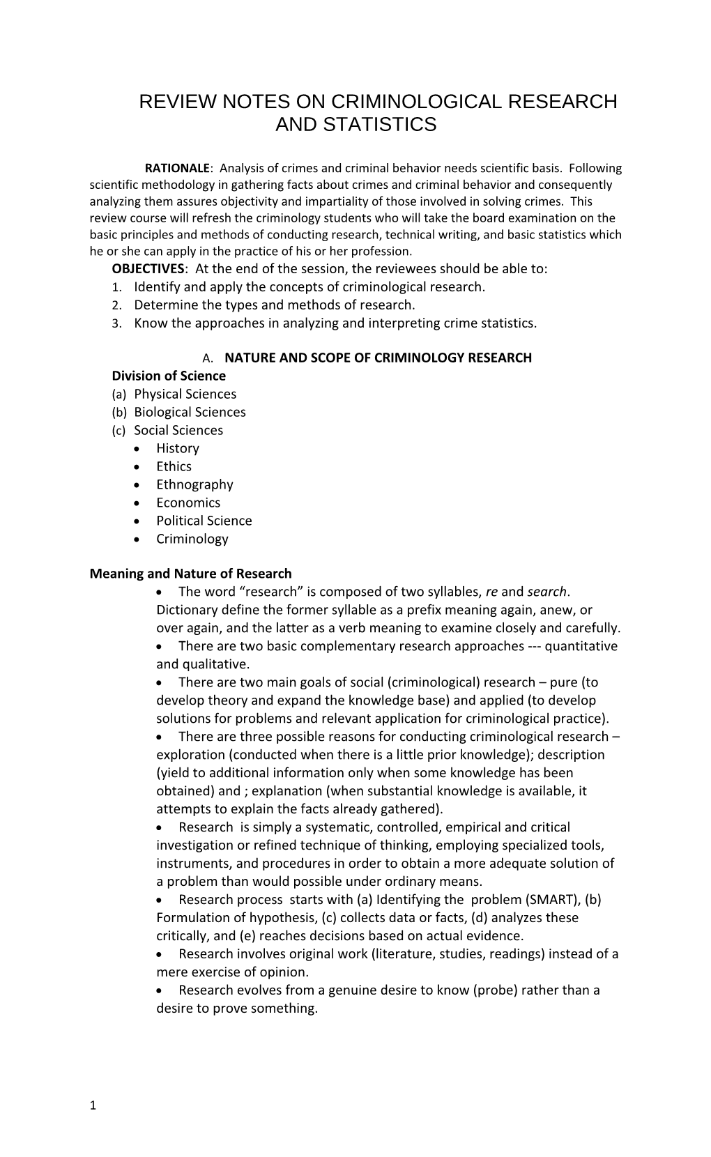 Review Notes on Criminological Research and Statistics