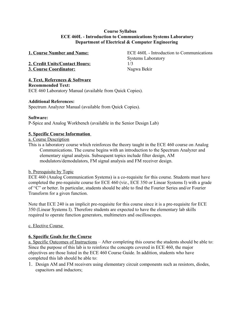 ECE 460L - Introduction to Communications Systems Laboratory