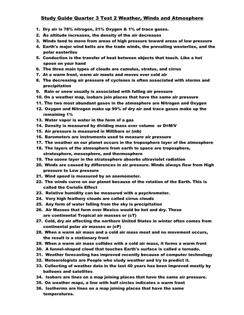 Study Guide Quarter 3 Test 2 Weather, Winds and Atmosphere