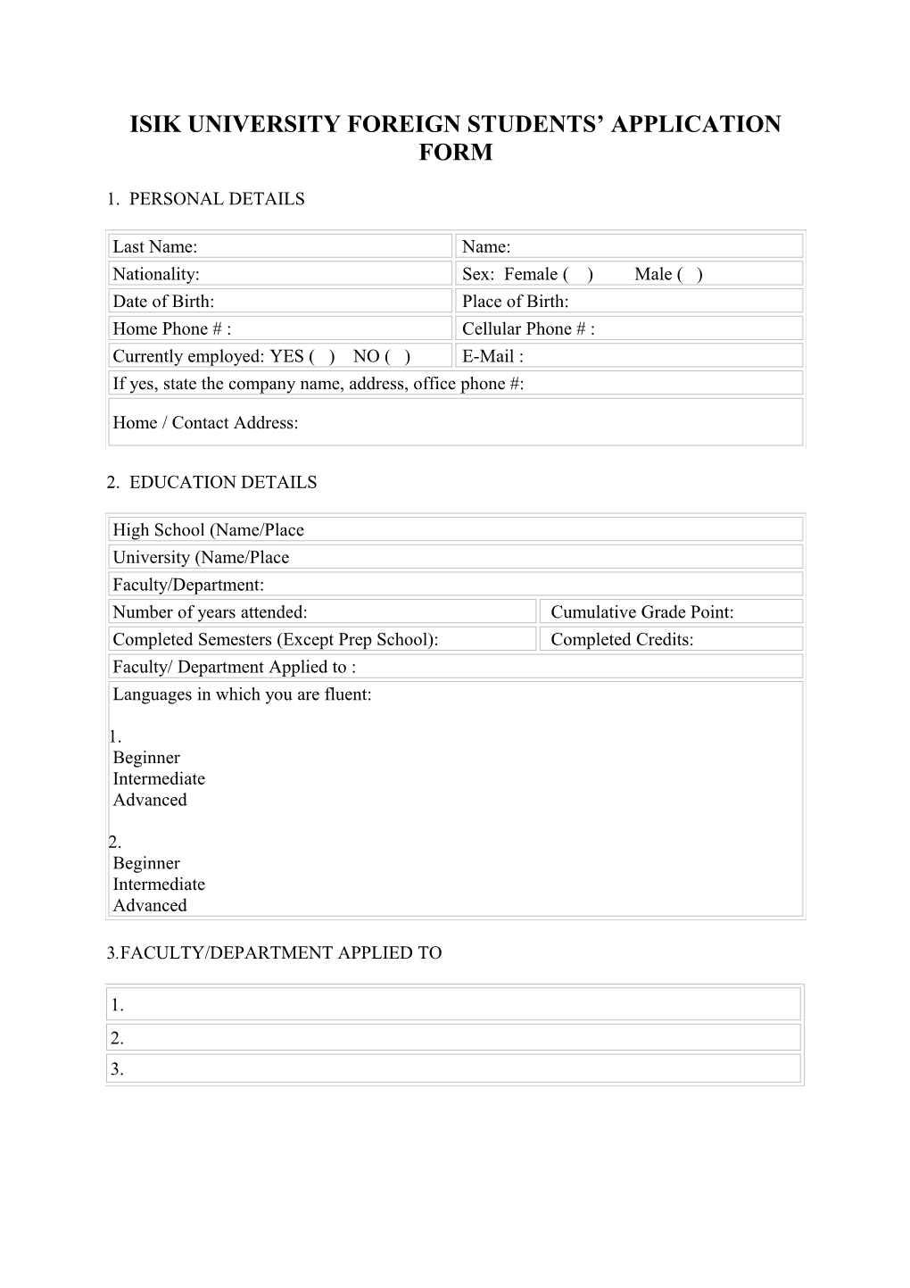 Isik University Foreign Students Application Form