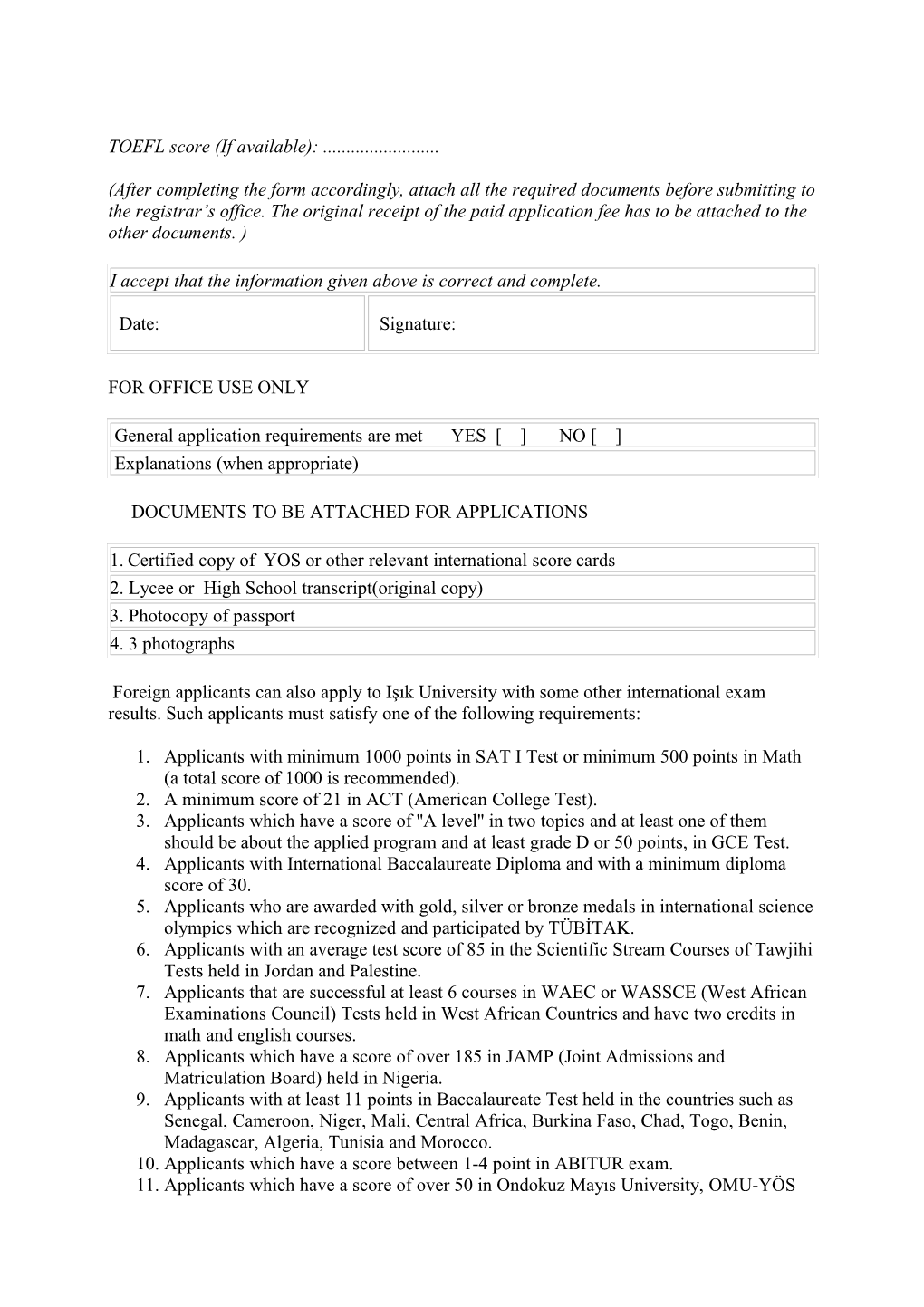 Isik University Foreign Students Application Form