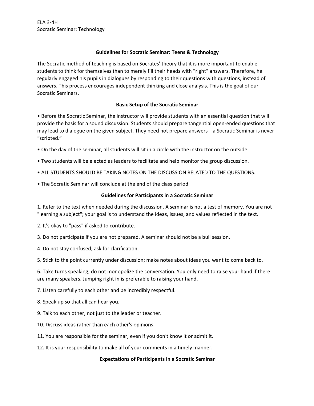 Guidelines for Socratic Seminar: Teens & Technology