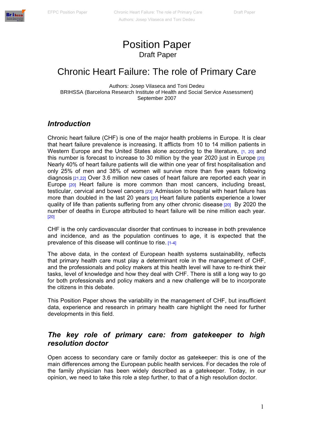 EFPC Position Paper Chronic Heart Failure: the Role of Primary Caredraft Paper