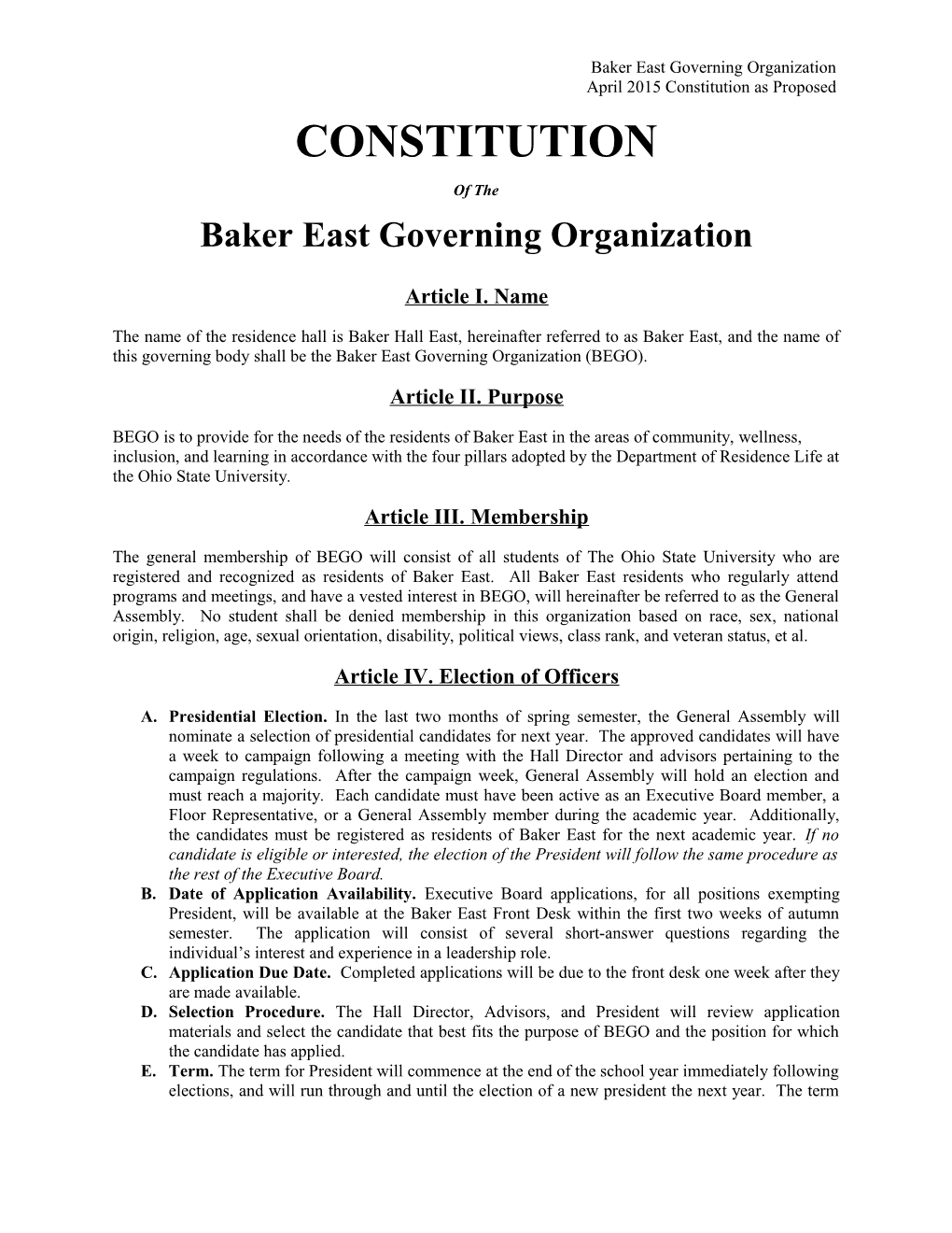 Baker East Governing Organization