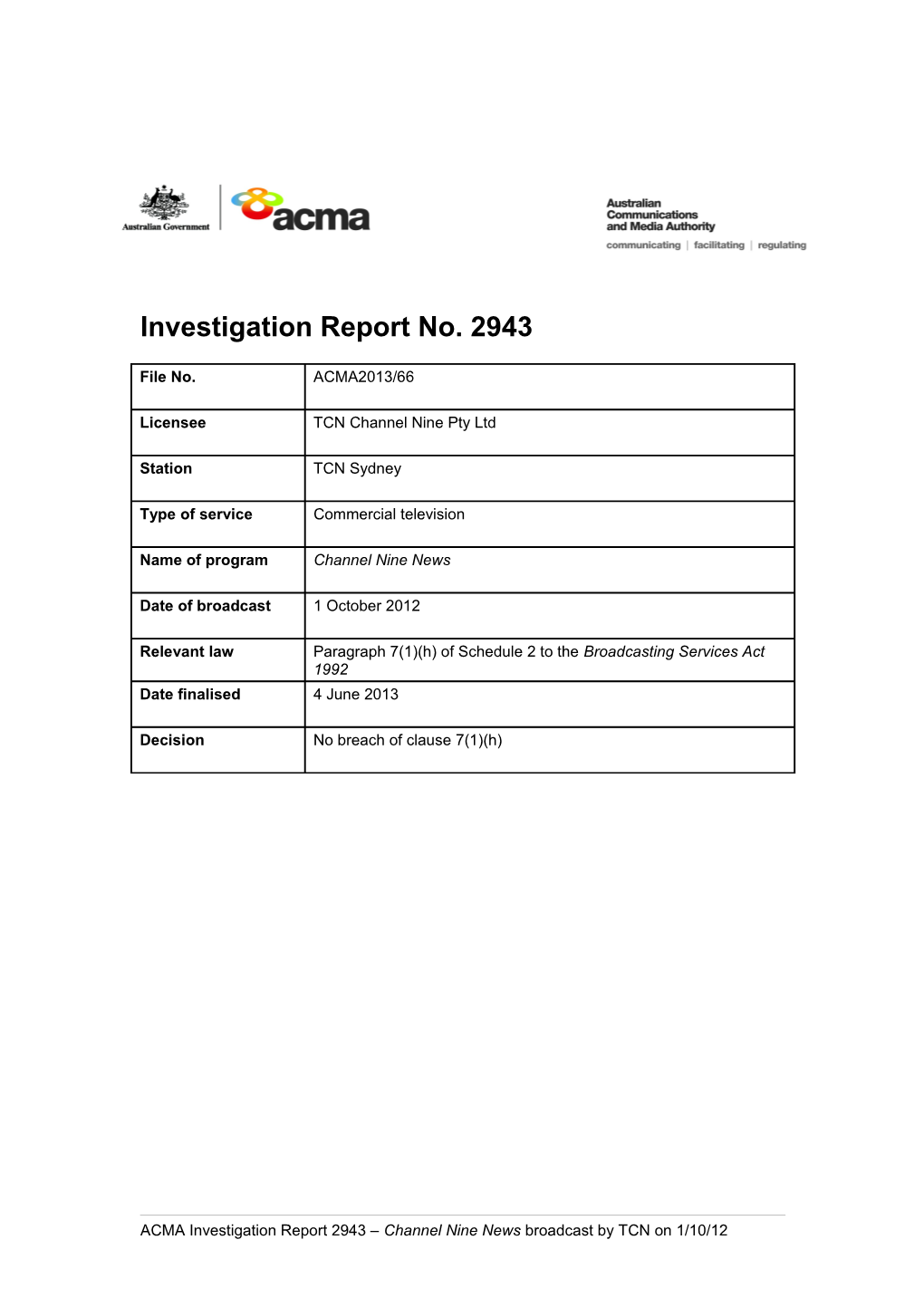 TCN - ACMA Investigation Report 2943