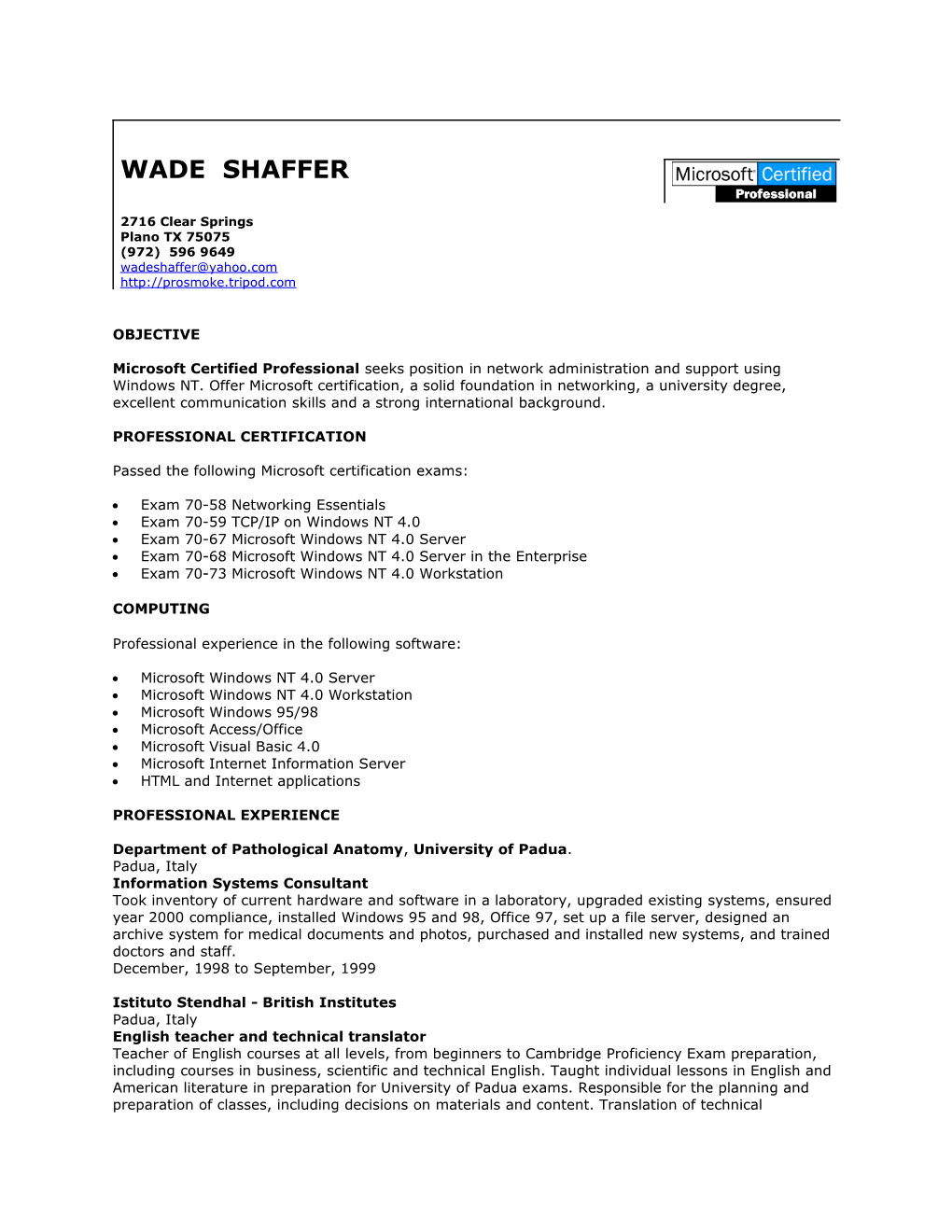 Resume for Wade Shaffer