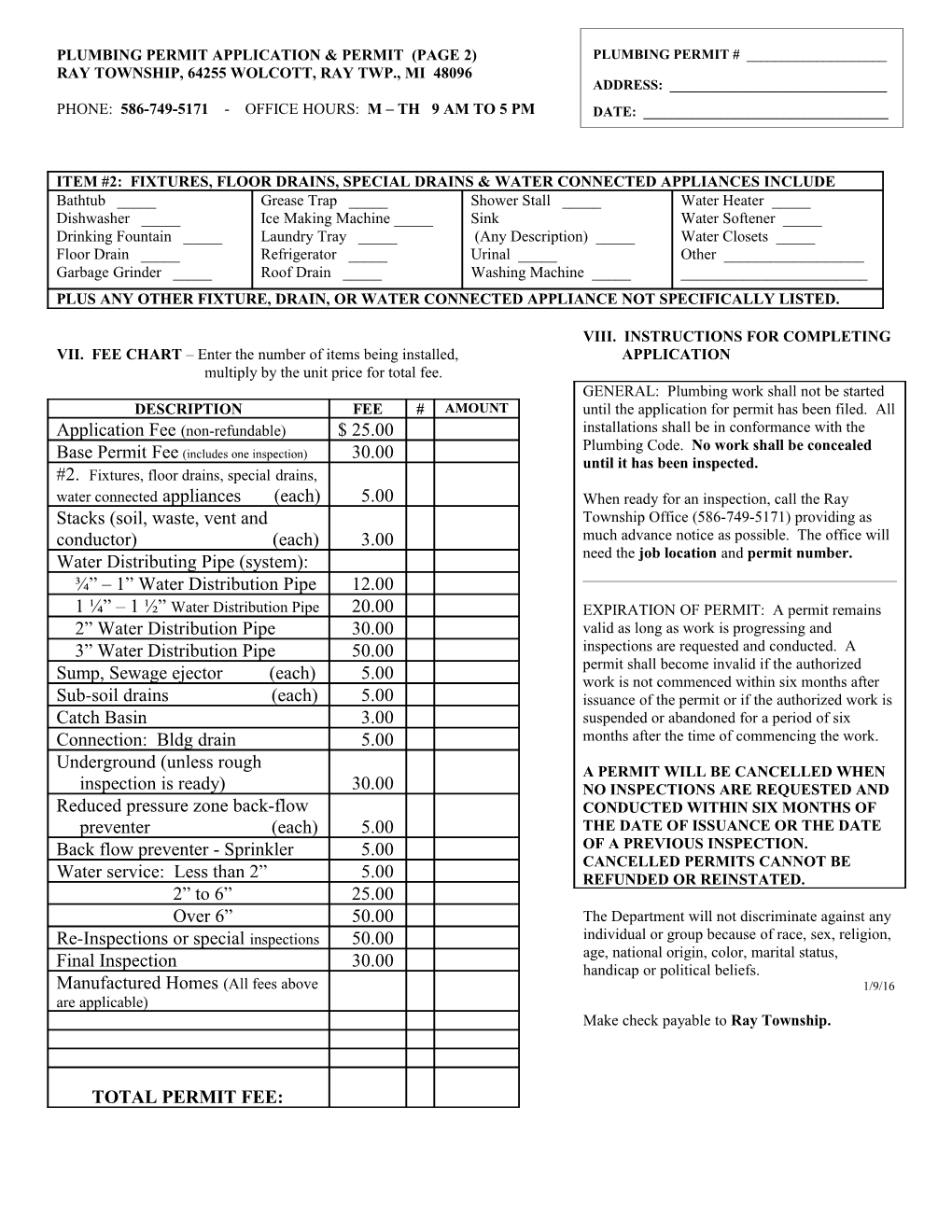 Plumbing Permit Application & Permit (Page 2)