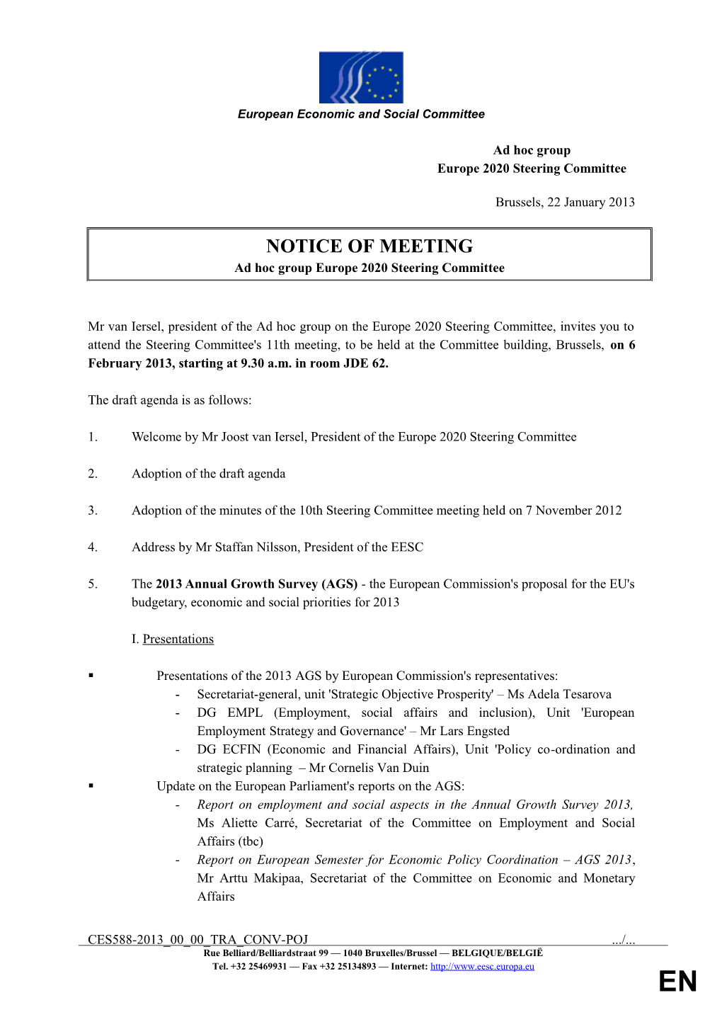 Notice of Meeting 7 November 2012 - Europe 2020 Steering Committee