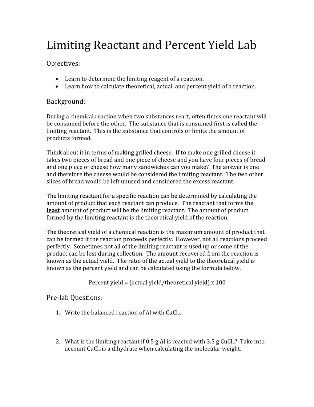 Limiting Reactant and Percent Yield Lab