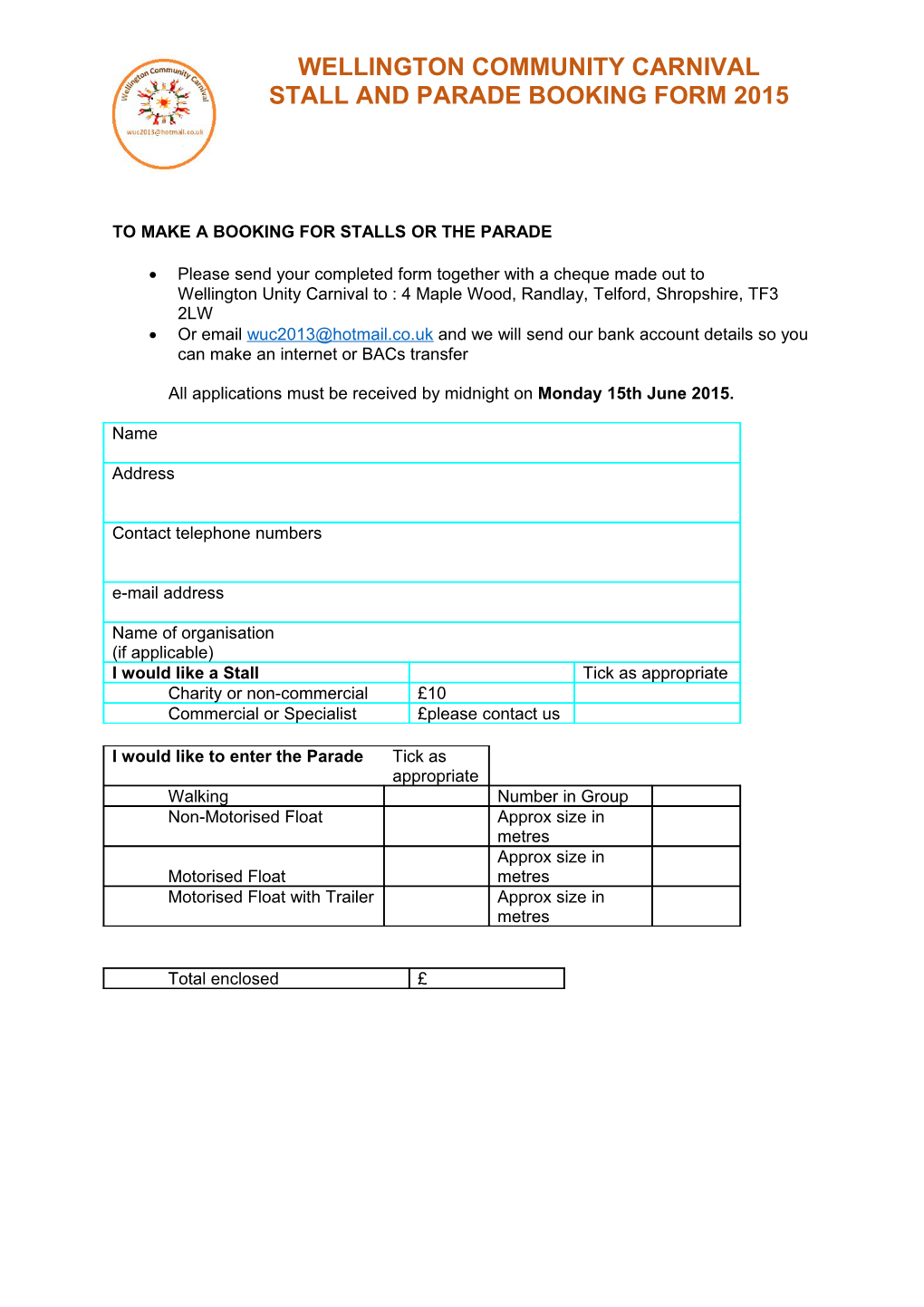 Wellington Carnival Booking Form 2013-03-14
