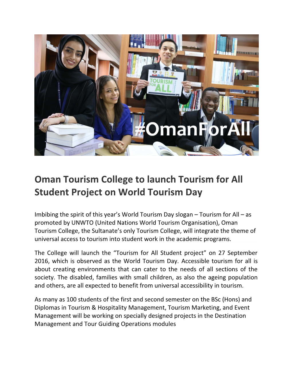 Oman Tourism College to Launch Tourism for All