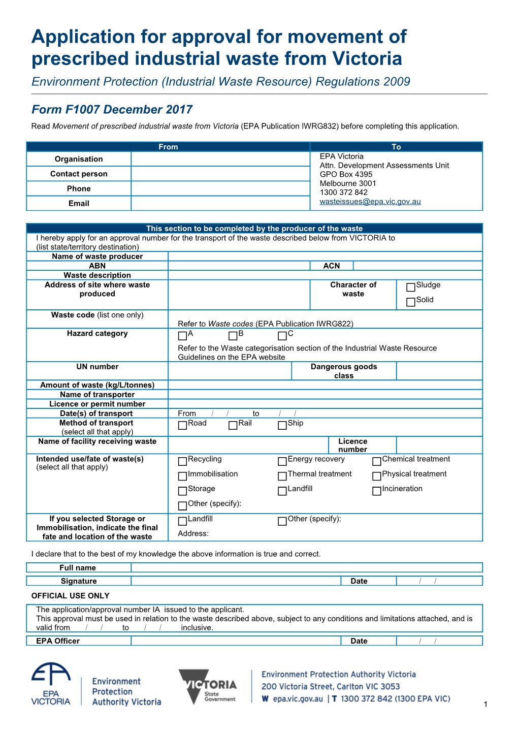 Application for Approval for Movement of Prescribedindustrial Waste from Victoria