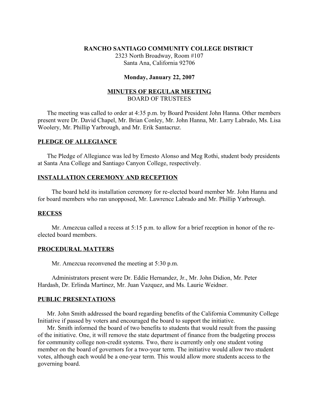 Minutes from December 11, 2006 Regular Meeting