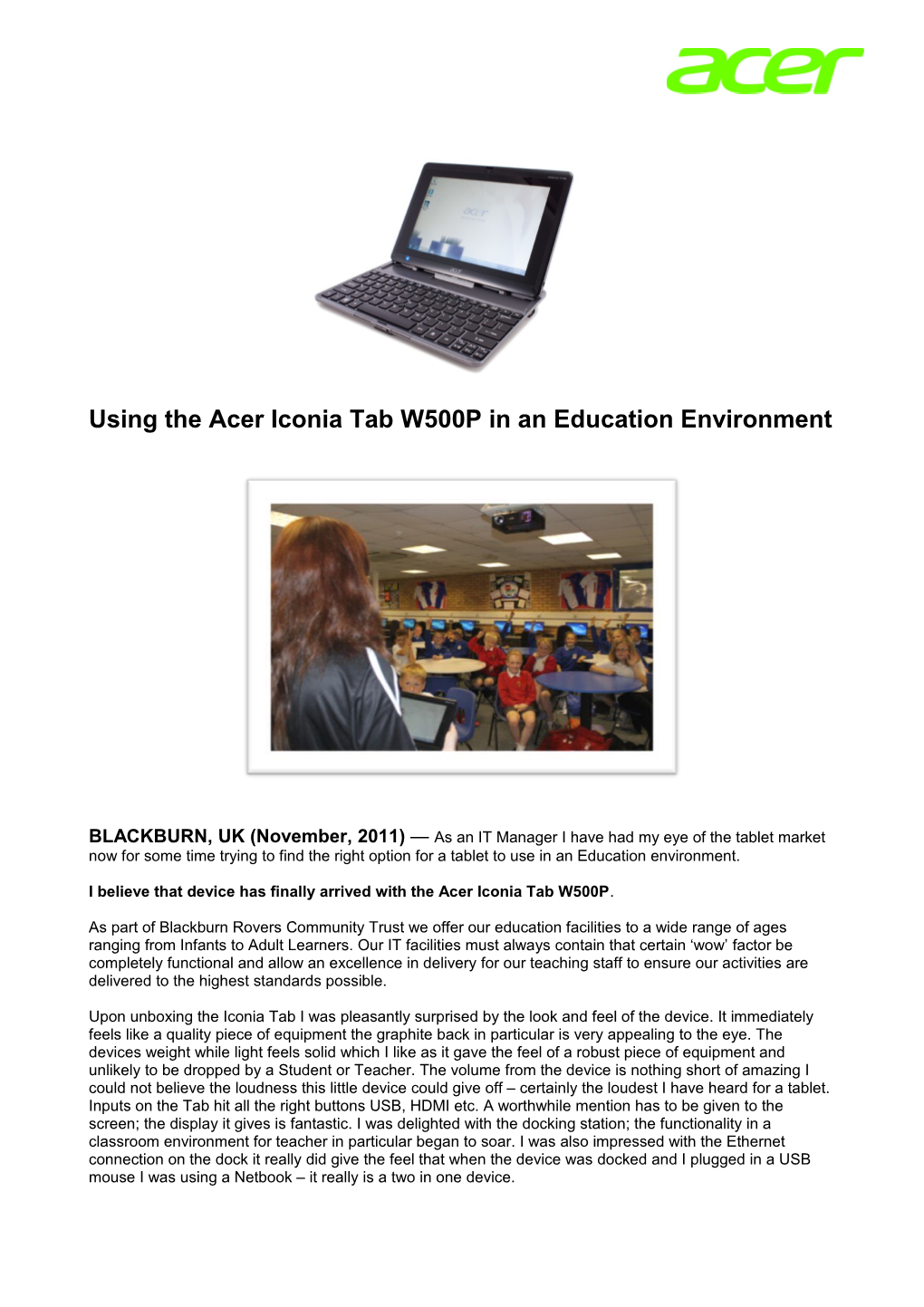 Using the Acer Iconia Tab W500P in an Education Environment