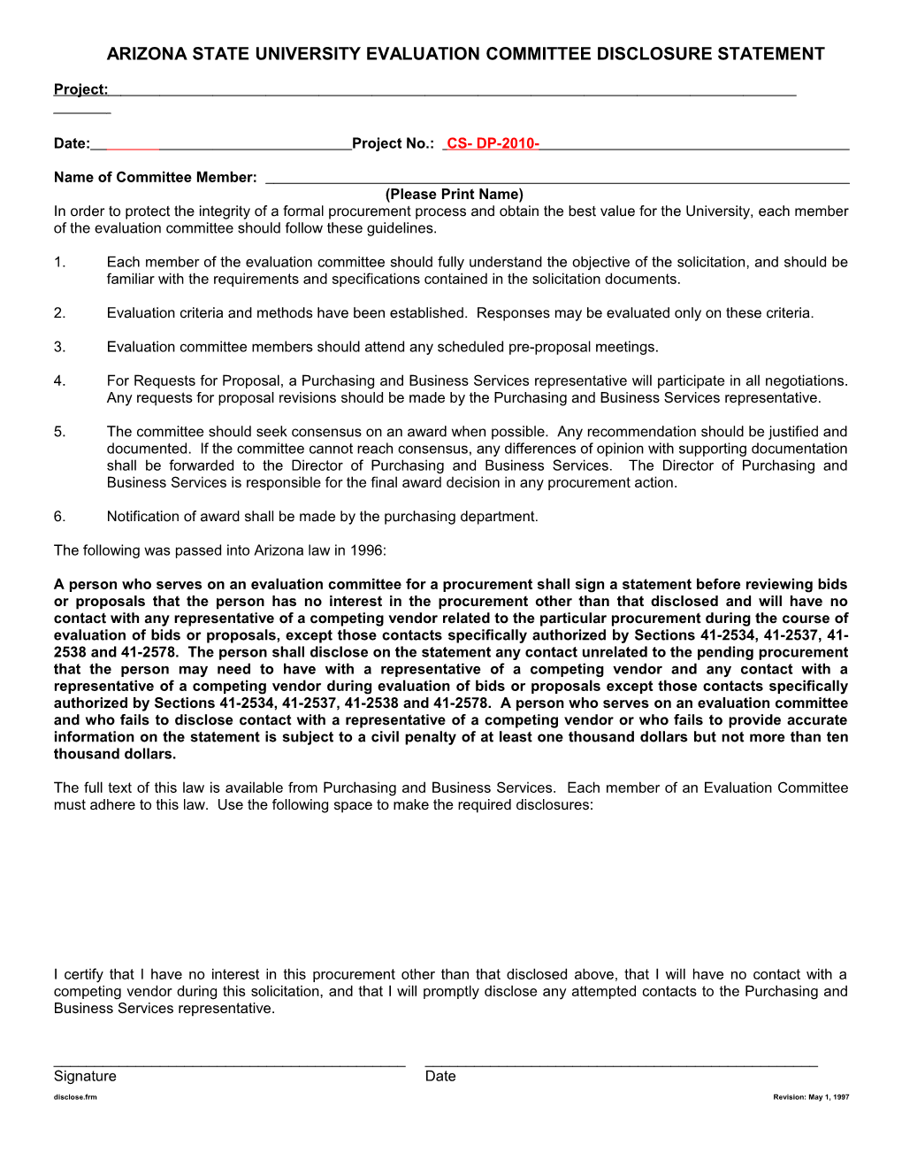 Arizonastateuniversity Evaluation Committee Disclosure Statement