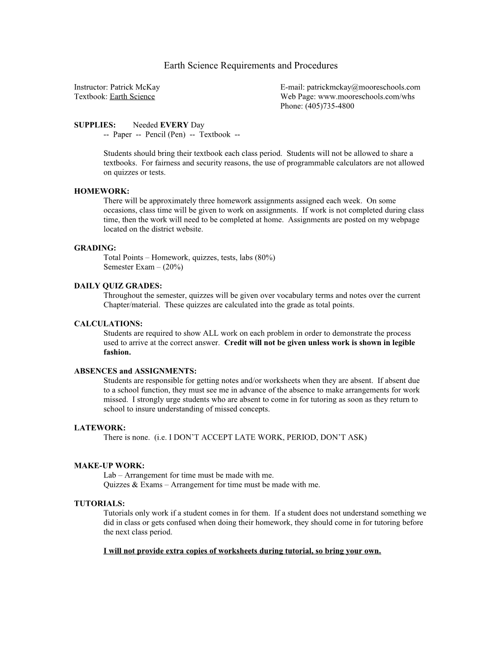 Chemistry I Requirements and Procedures