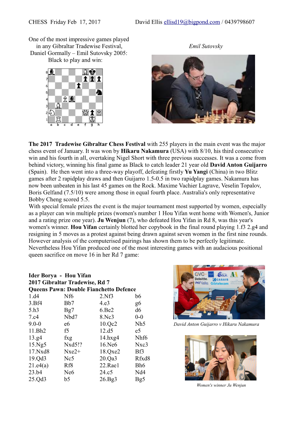 CHESS Friday Feb 17, 2017David Ellis / 0439798607