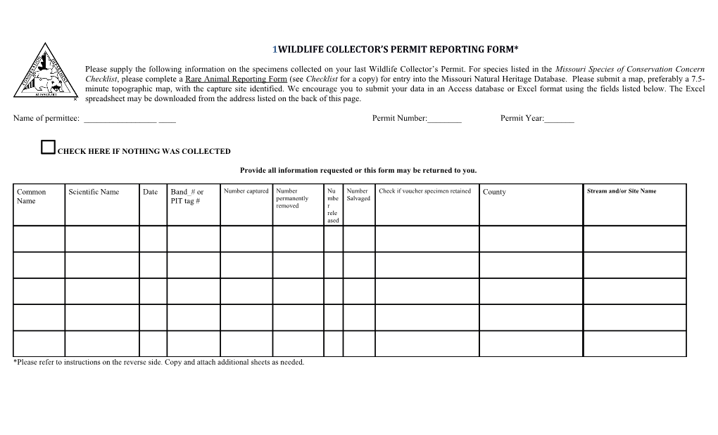 Wildlife Collector S Permit Reporting Form*